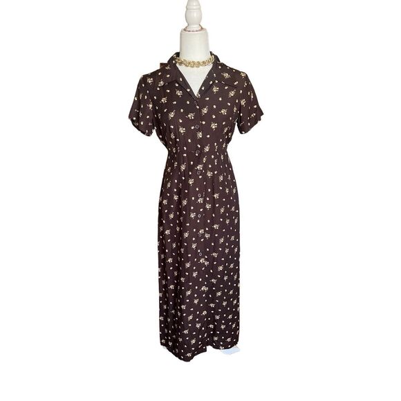 90s Gap brown floral button collared short sleeve maxi dress - Picture 1 of 9